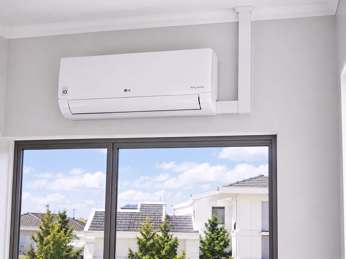 White trunking concealing the pipe run from a midwall indoor unit down the corner of the room