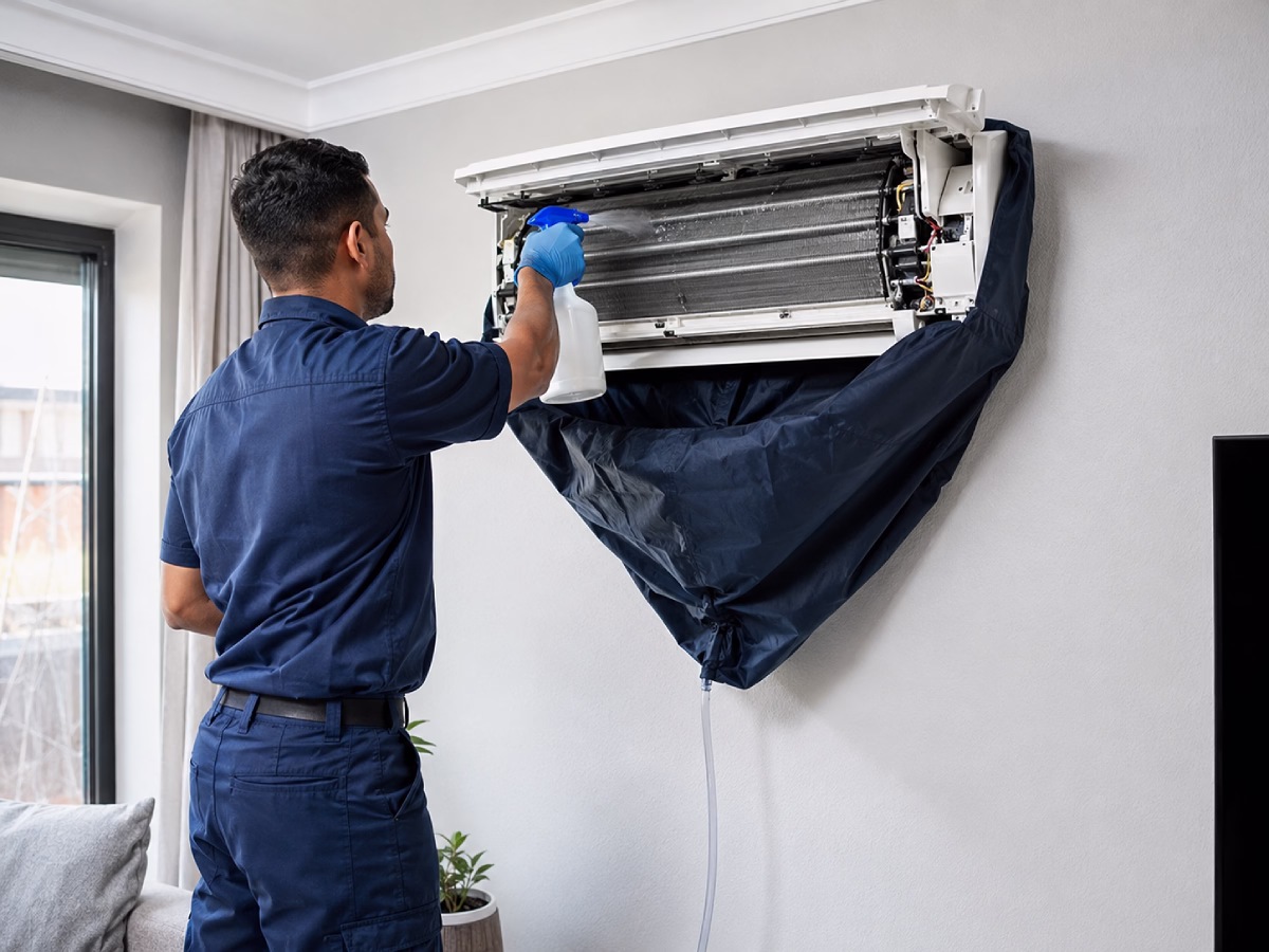 Meridian Air technician in gloves cleaning the exposed coil of an opened indoor unit